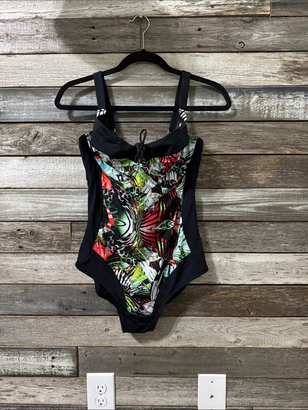 Black One-Piece Swimsuit with Tropical Multicolor Front Panel